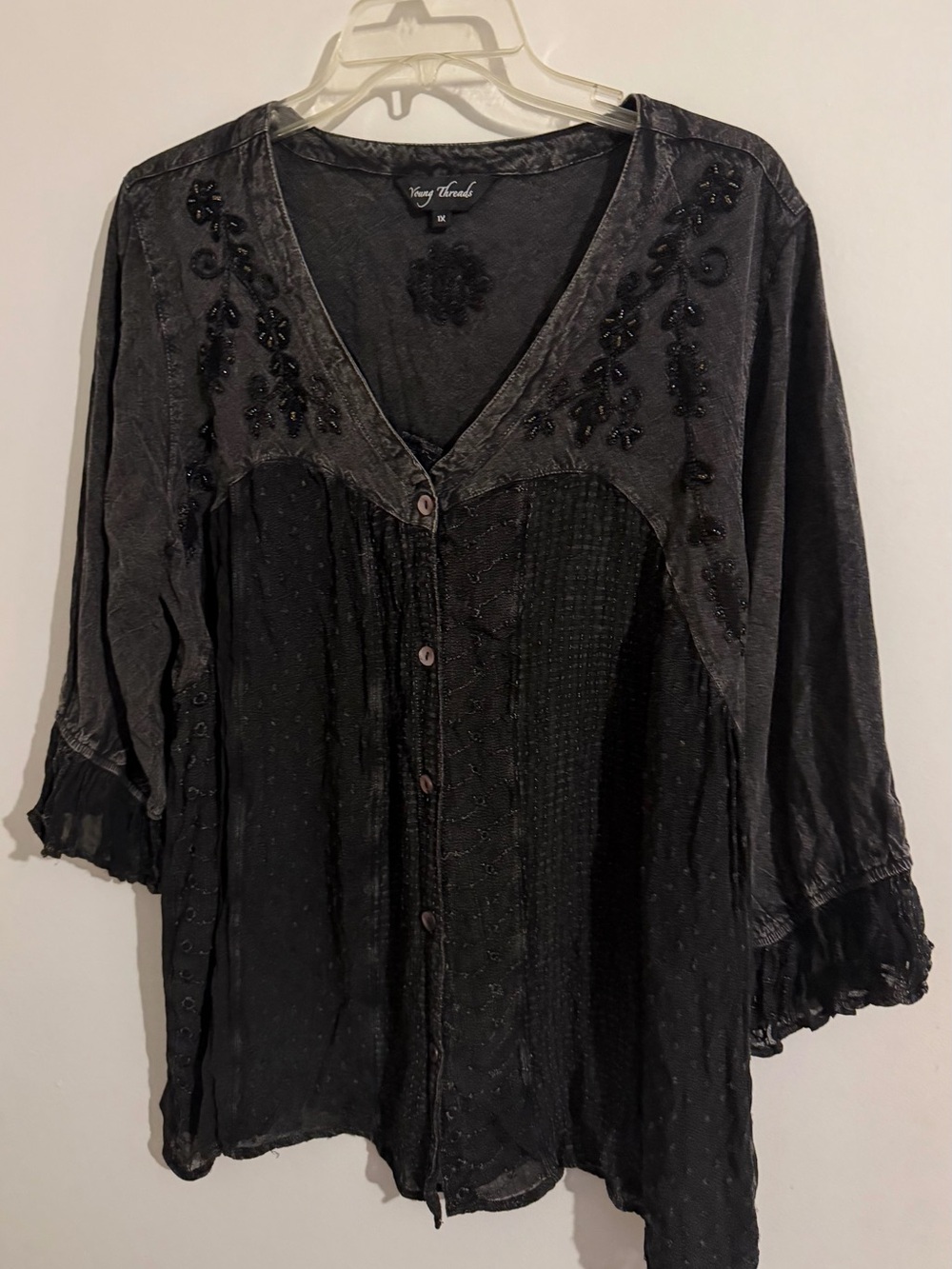 Young Threads Black Acid Wash Embroidered Beaded Boho Tunic Top 1X